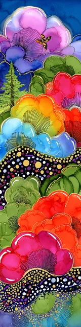 Free printable abstract cloud art bookmark featuring colorful forest art with clouds